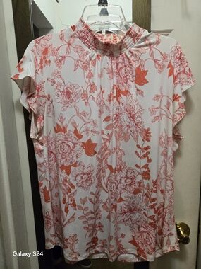 Floral Smocked Neck Women’s Top - Coral on White